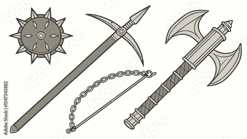 Medieval ancient fantasy weapon illustration set axe flail polearm isolated white background battle war game rpg