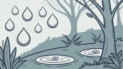Rain drops falling on forest floor, nature illustration background with water puddles, lily pads, trees, and plants, weather