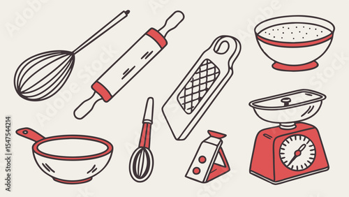 Hand drawn illustration set of baking and cooking tools kitchen utensils and equipment for food preparation