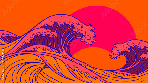 Vibrant Pink Ocean Waves Under Surreal Sunset
