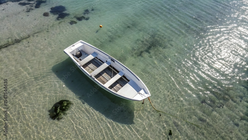 Obraz premium Tranquil White Rowboat in Clear Shallow Water with Sunlit Ripples