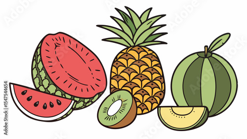 Colorful fresh tropical and summer fruit collection watermelon pineapple kiwi and melon healthy food