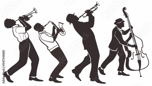 Jazz band silhouette playing live music performance with trumpet saxophone and double bass