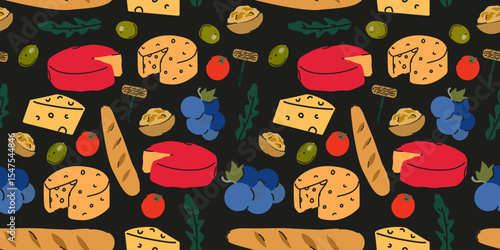 Retro abstract cheese seamless pattern in hand drawn doodle vintage style. Edam, gouda, cheddar, parmesan cheese, baguette, grape, olives. Food pattern for print, textile, package, wallpaper