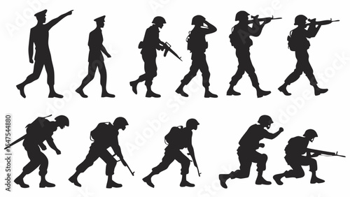Soldier Silhouettes Set Military Army Poses Action Training Combat Walking Running Aiming Kneeling