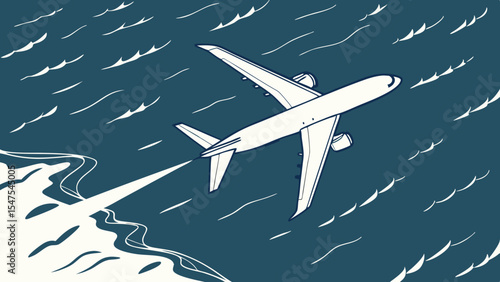 Ocean Flight Illustration – Airplane Soaring Above Sea