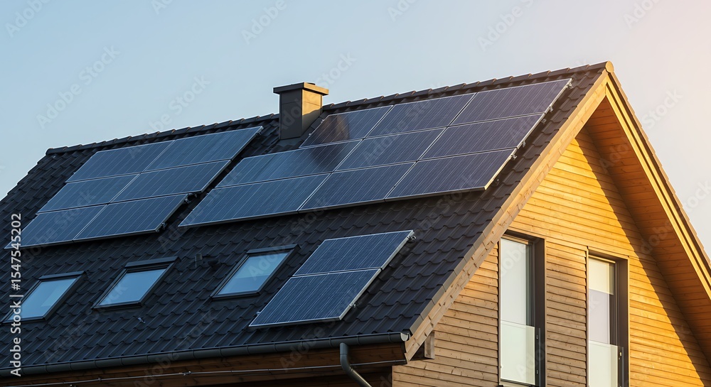 Fototapeta premium Close-up of new suburban house with a photovoltaic system on the roof. Modern eco friendly passive house with solar panels on the gable roof, with sunlight in the morning vibes