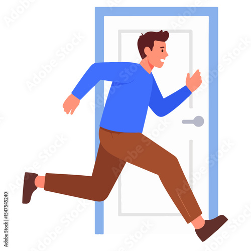 Man in a blue shirt and brown pants is running from a door