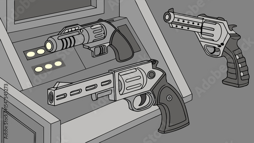 Collection of Futuristic Sci-Fi Revolver Handgun Weapon Gun Firearm Display Stand Concept Illustration Game Asset Design