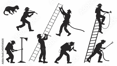 Firefighter Silhouettes Set Emergency Rescue Work Hero with Ladder Axe Hose and Cat Rescue