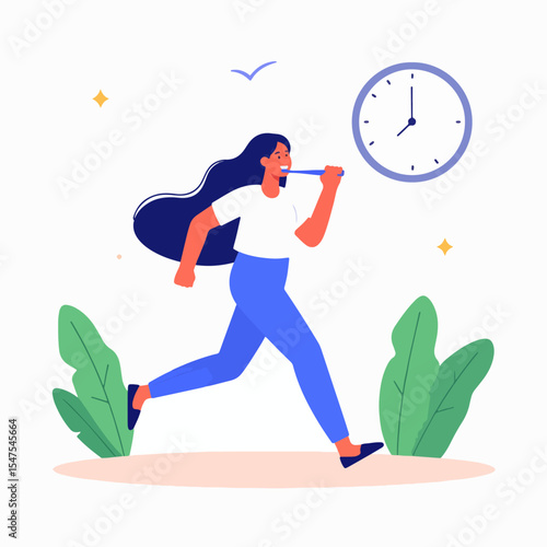 Woman running while brushing teeth in front of a clock