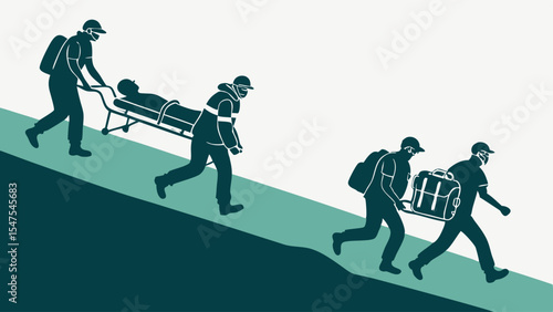 Rescue workers carrying injured patient on stretcher uphill. Emergency medical transport by first responders. Teamwork.