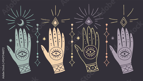 Bohemian Mystical Hands Illustration with Spiritual Symbols All Seeing Eye Moon Stars and Diamonds on Dark Background