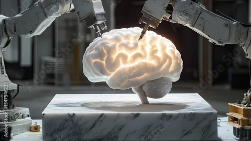Robotic arms sculpt glowing brain model.