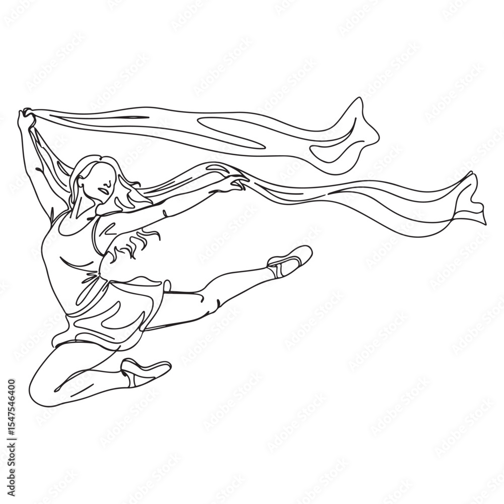 Woman Dancer Leaping with Flowing Fabric Single Line Drawing Woman Dancer Leaping with Flowing Fabric Single Line Drawing
