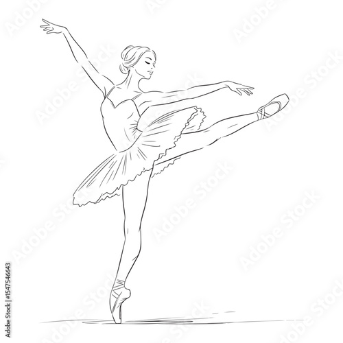 Ballerina in Tulle Tutu Elegant Pointe Shoes Dance Pose Sketch