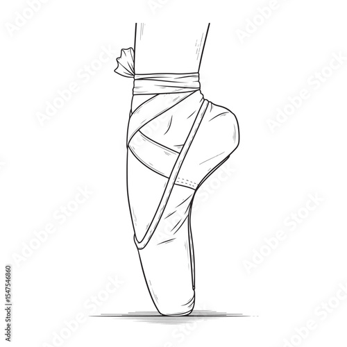 Ballerina Pointe Shoe Line Drawing Black White Foot Ankle Ribbon