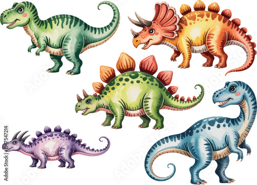  several different dinosaurs. They are depicted in a colorful, watercolor style. Various species are represented.