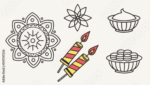 Diwali festival celebration icons flat line art vector rangoli firecrackers sweets traditional Indian culture food