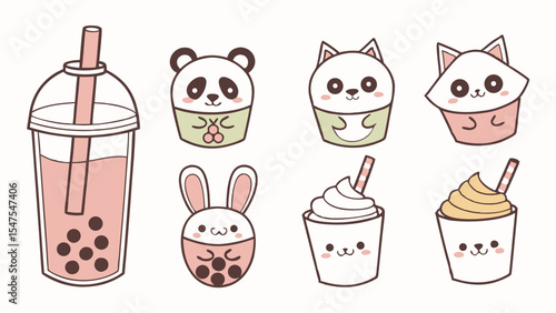 Cute Kawaii Animal Cupcakes Bubble Tea and Drinks Set Dessert Food Cartoon Vector Illustration Collection