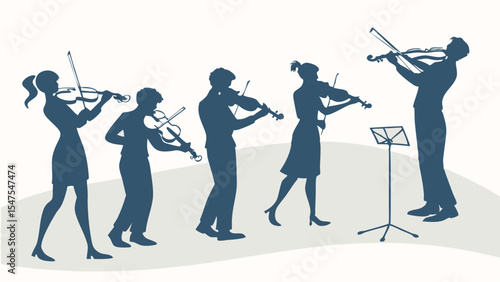 Silhouettes of musicians playing violins classical music performance ensemble vector illustration.