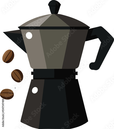 A sleek gray and black moka pot with coffee beans