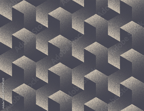 Endless wallpaper with cube-like grid blocks and stipple shading creating depth and visual illusion of movement. Seamless pattern abstract dot work vector background. Halftone graphic art illustration