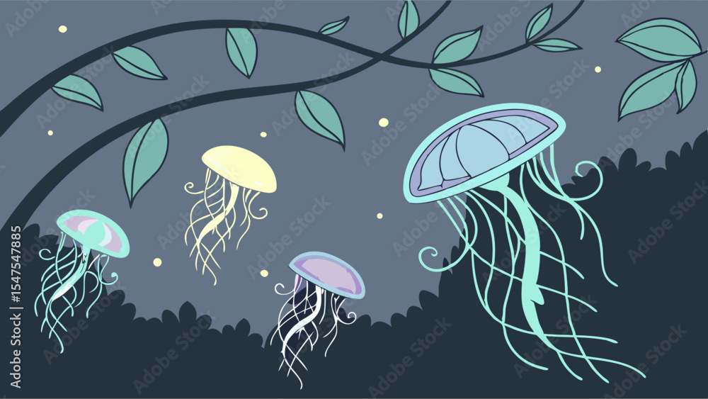 Glowing Bioluminescent Jellyfish Swarm Floating in Dark Magical Dreamy Fantasy Abstract Night Sky or Deep Underwater Illustration Art Glowing Bioluminescent Jellyfish Swarm Floating in Dark Magical Dreamy Fantasy Abstract Night Sky or Deep Underwater Illustration Art