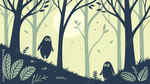 Cute monsters flat design illustration vector art in a dark forest nature landscape whimsical fairytale story outdoor adventure