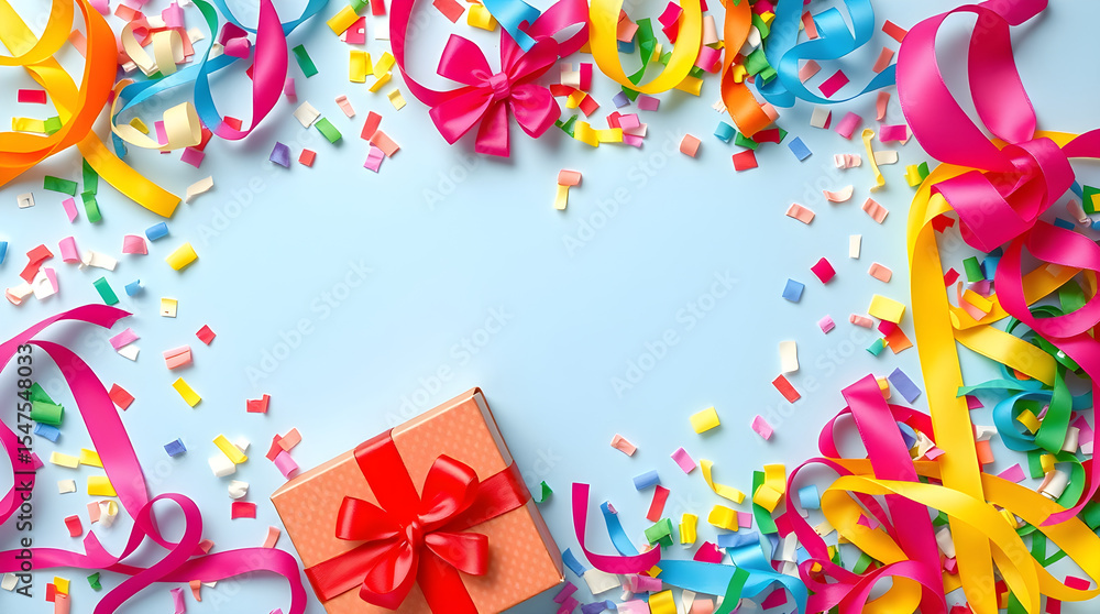 Obraz premium Colorful ribbons and gift box framing a light blue background for celebration