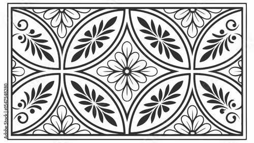 Decorative floral pattern with leaves elegant vintage style black and white line art ornament design