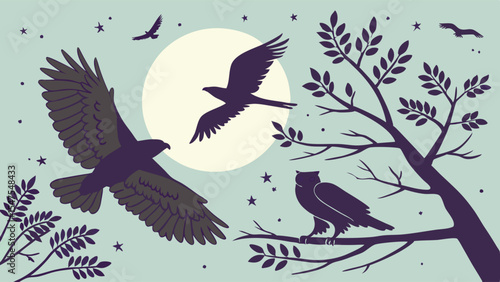 Silhouettes of wildlife birds at night. Eagle, owl, moon, stars, tree branch. Nature illustration background.
