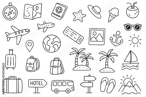 Summer travel vacation drawn icon set. Hand drawn sketch doodle style summer trip, vacation icon. Funny tourism vector illustration. Vector illustration
