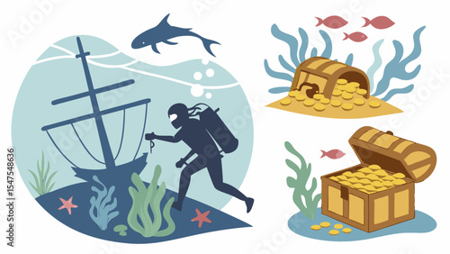 Scuba Diver Exploring Shipwreck and Finding Underwater Treasure Chests with Gold Coins Cartoon Vector