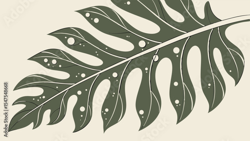Large dark green tropical leaf with natural holes and pattern, botanical nature background texture, close up view