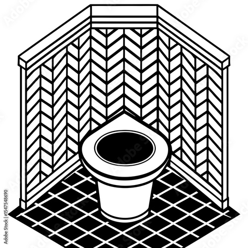 Isometric toilet in a tiled bathroom corner isolated on white background
