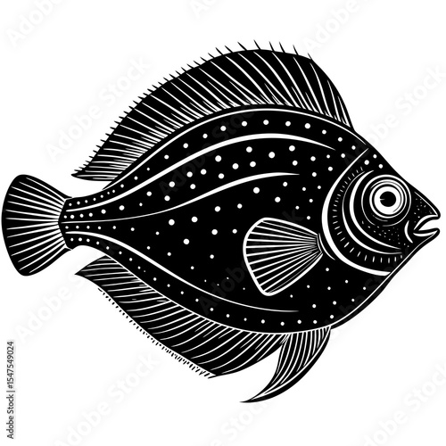 Black and white illustration of a spotted flatfish isolated on white