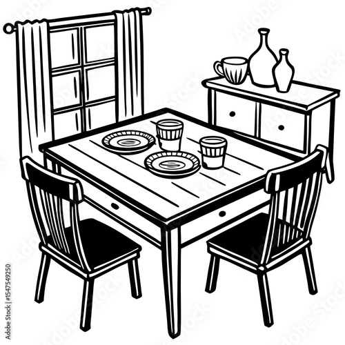 Dining room with table chairs and window in monochrome illustration