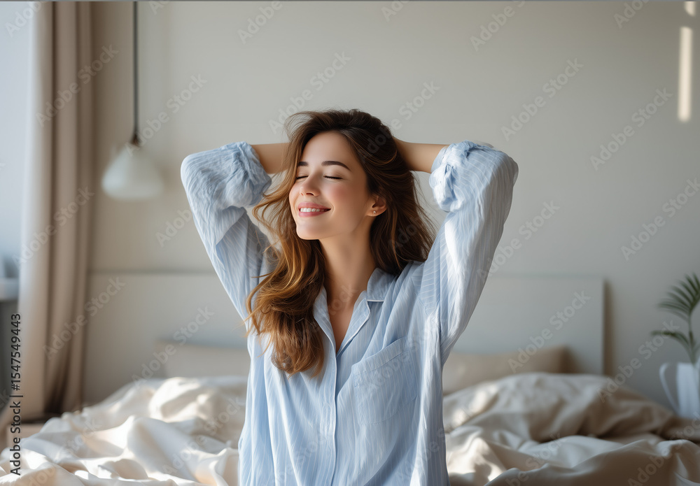 A happy woman stretching with a bright smile on her face in a cozy morning bedroom, wearing comfortable pajamas and enjoying natural sunlight, concept of morning routine, relaxation, and positive life A happy woman stretching with a bright smile on her face in a cozy morning bedroom, wearing comfortable pajamas and enjoying natural sunlight, concept of morning routine, relaxation, and positive life