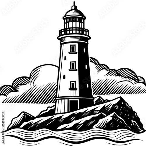 Lighthouse on a rocky island with clouds and ocean waves