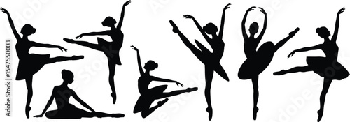Silhouette vector of a ballet dancer in various graceful poses, demonstrating classical technique and flowing movements.