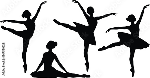Silhouette vector of a ballet dancer in various graceful poses, demonstrating classical technique and flowing movements.
