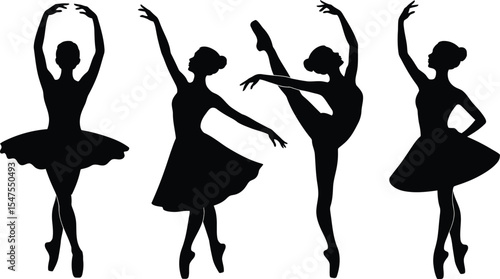 Silhouette vector of a ballet dancer in various graceful poses, demonstrating classical technique and flowing movements.