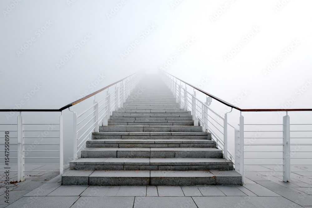 Fototapeta premium Foggy staircase leading to an unknown destination with a serene atmosphere and soft lighting