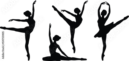 Adobe Silhouettes of ballerinas in various classical ballet poses and dance movements wearing tutus