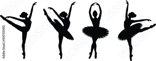 Adobe Silhouettes of ballerinas in various classical ballet poses and dance movements wearing tutus