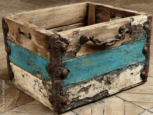 A worn wooden milk crate wi...
