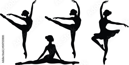 Collection of ballerina silhouette vector illustrations in various elegant ballet poses, including tutu and dance poses