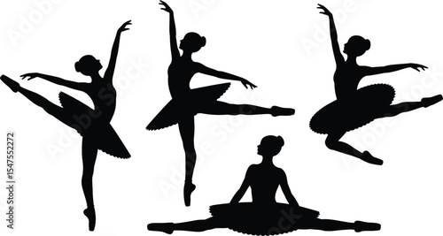 Collection of ballerina silhouette vector illustrations in various elegant ballet poses, including tutu and dance poses