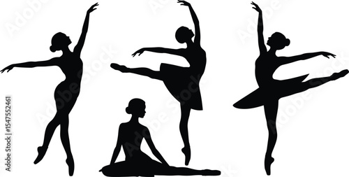 Collection of ballerina silhouette vector illustrations in various elegant ballet poses, including tutu and dance poses